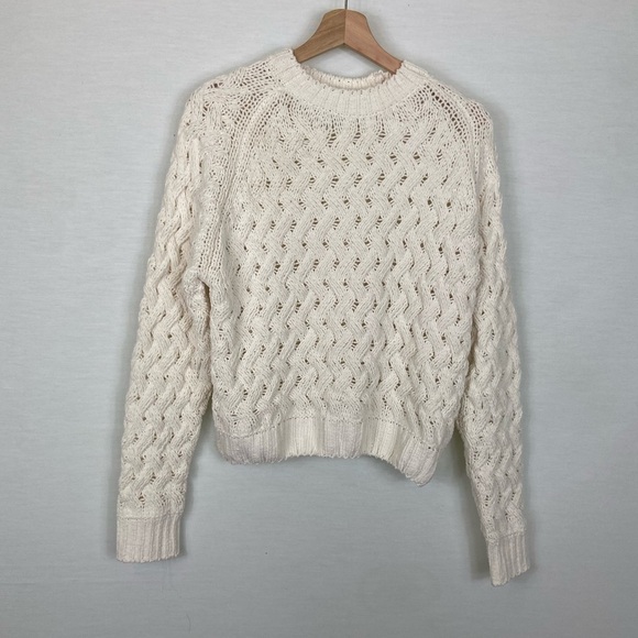 Kendall + Kylie Cropped Open Knit Loose Weave Cream Crew Neck Sweater - Picture 1 of 7